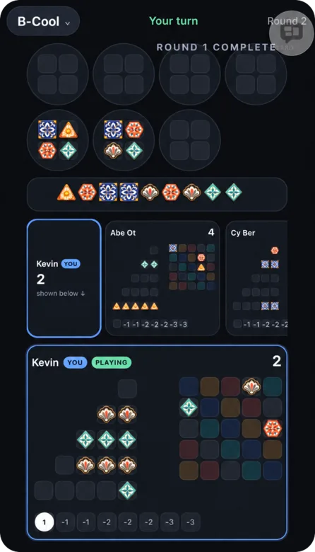 B-Cool mid-game on a phone screen: the shared tile display, each player's board, and the current player's board and score.